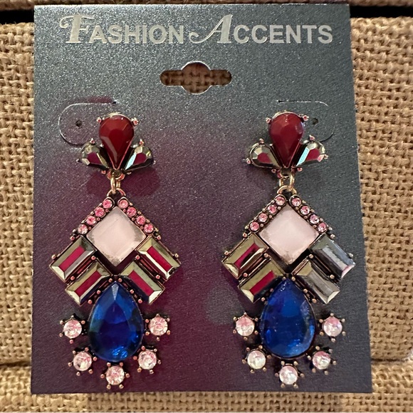 NWT Fashion Accents Earrings gold w/ maroon, pink, royal blue & hematite jewels - Picture 6 of 8